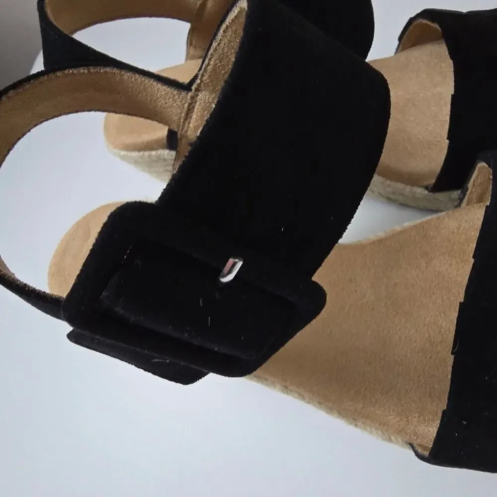 Black Suede Espadrille Wedge Sandals Size 6 Ankle Strap Memory Foam Open Toe